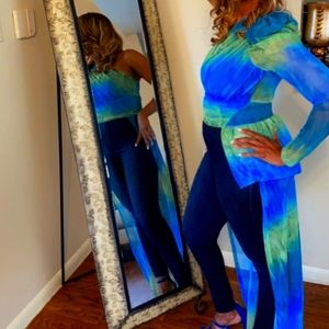 High low multi color blue green shirt